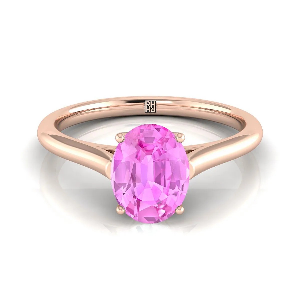 14K Rose Gold Oval Pink Sapphire Cathedral Style Comfort Fit Solitaire Engagement Ring