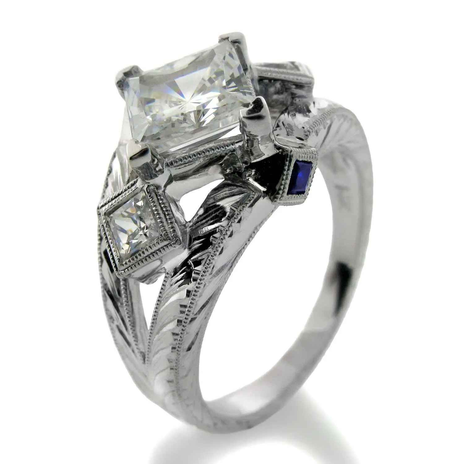 1.5 Carat Princess Cubic Zirconia Kite Positioned Center Hand Engraved Shank 14k W Gold