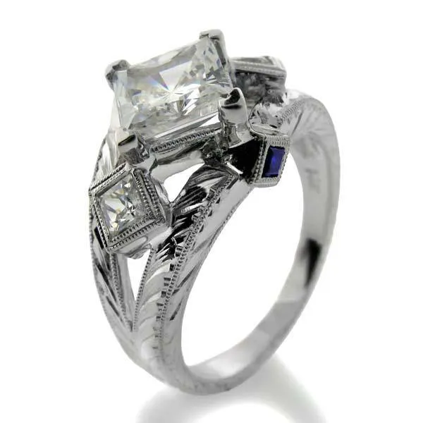1.5 Carat Princess Cubic Zirconia Kite Positioned Center Hand Engraved Shank 14k W Gold