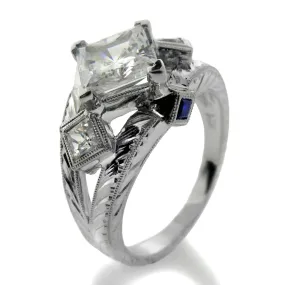 1.5 Carat Princess Cubic Zirconia Kite Positioned Center Hand Engraved Shank 14k W Gold