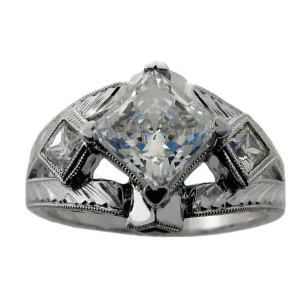 1.5 Carat Princess Cubic Zirconia Kite Positioned Center Hand Engraved Shank 14k W Gold