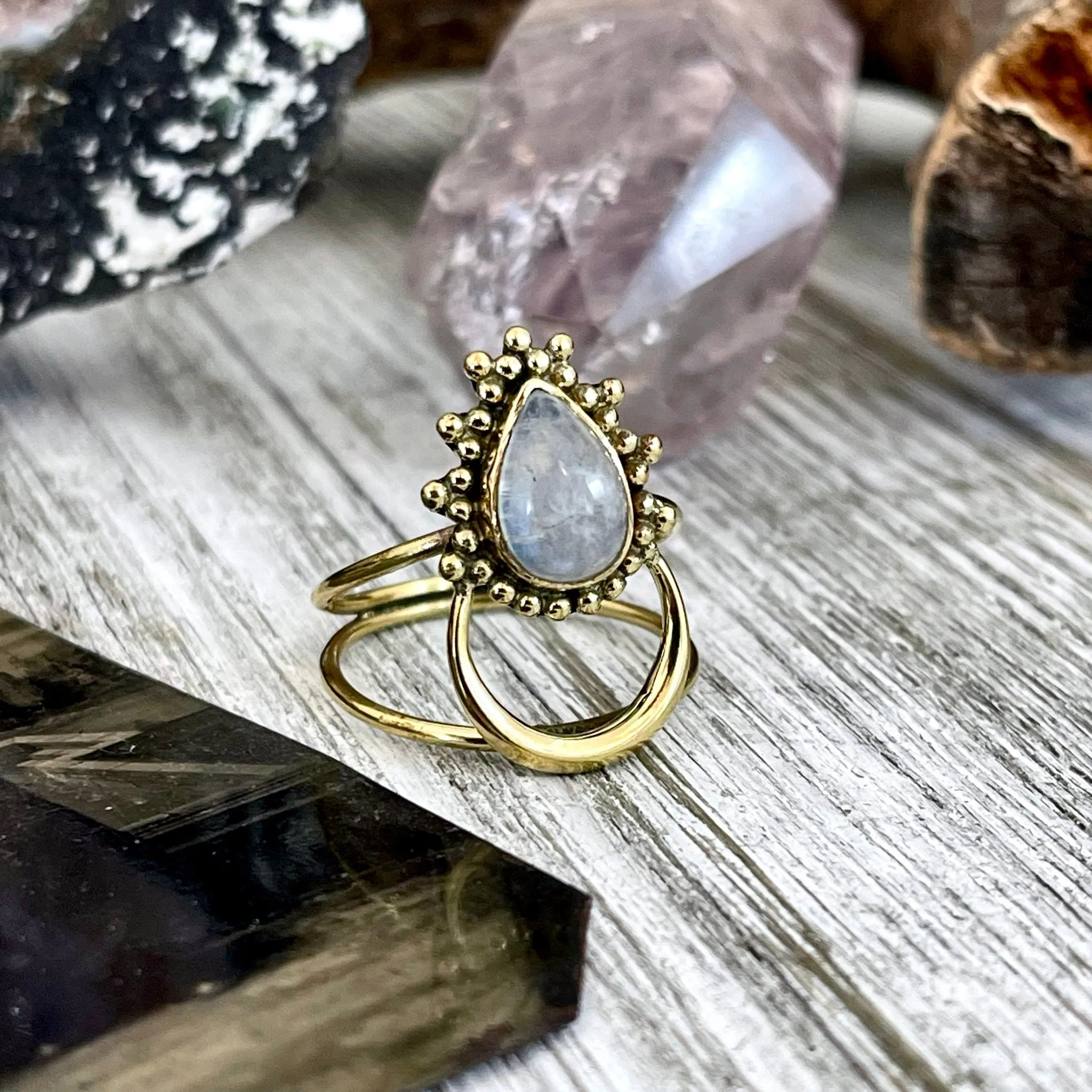 Stunning Crescent Moon Rainbow Moonstone Ring Set in Brass | Curated by FOXLARK Collection