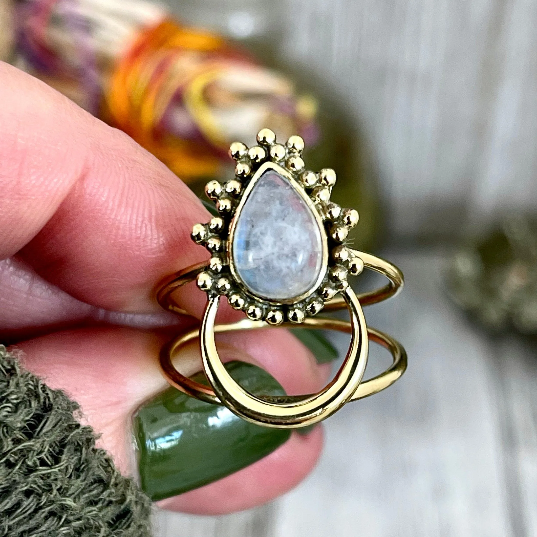 Stunning Crescent Moon Rainbow Moonstone Ring Set in Brass | Curated by FOXLARK Collection