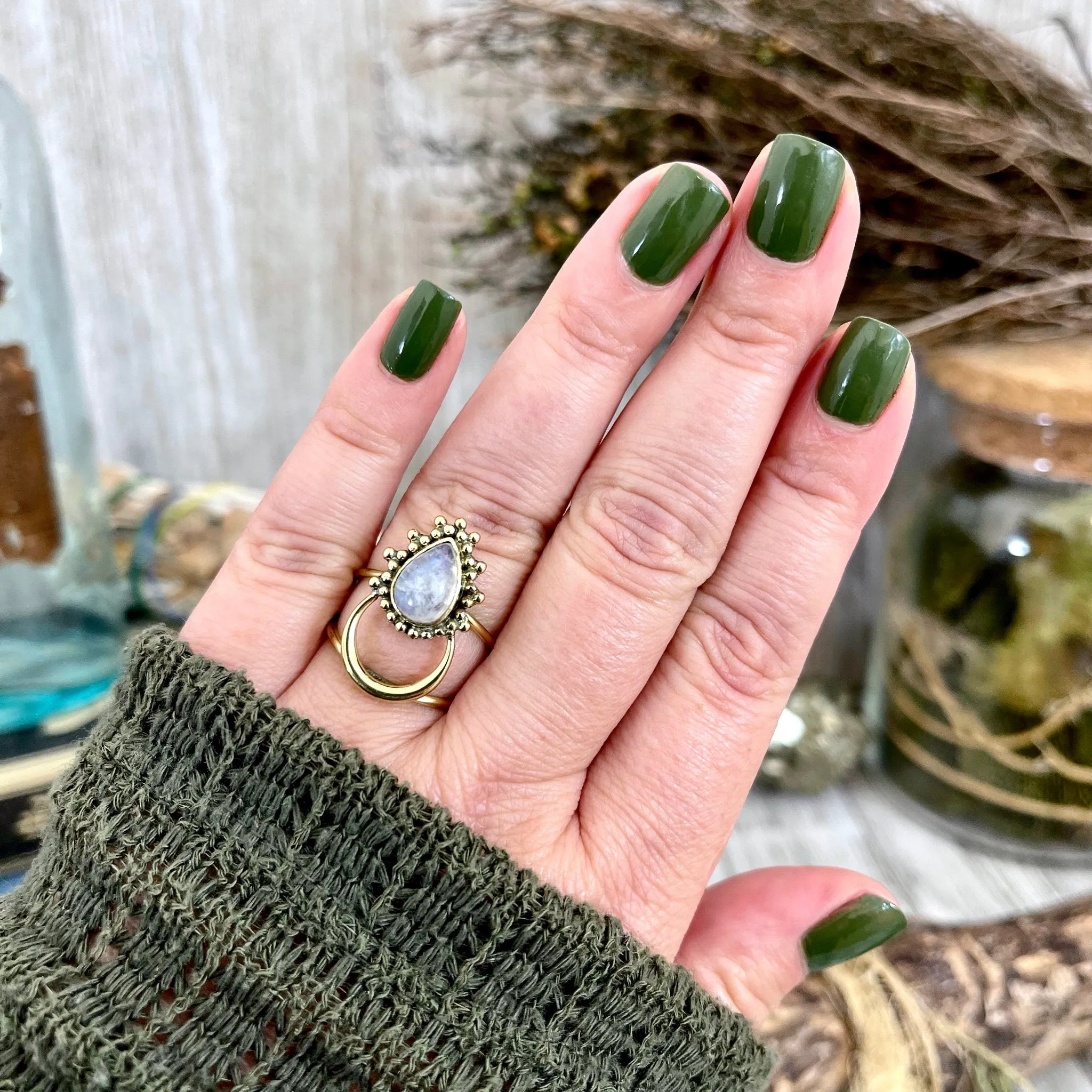 Stunning Crescent Moon Rainbow Moonstone Ring Set in Brass | Curated by FOXLARK Collection