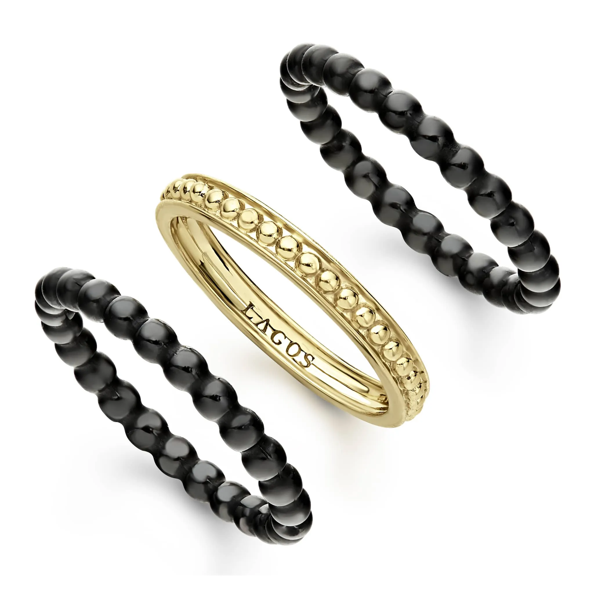 Black Caviar Gold Band Ceramic Stacking Ring Set