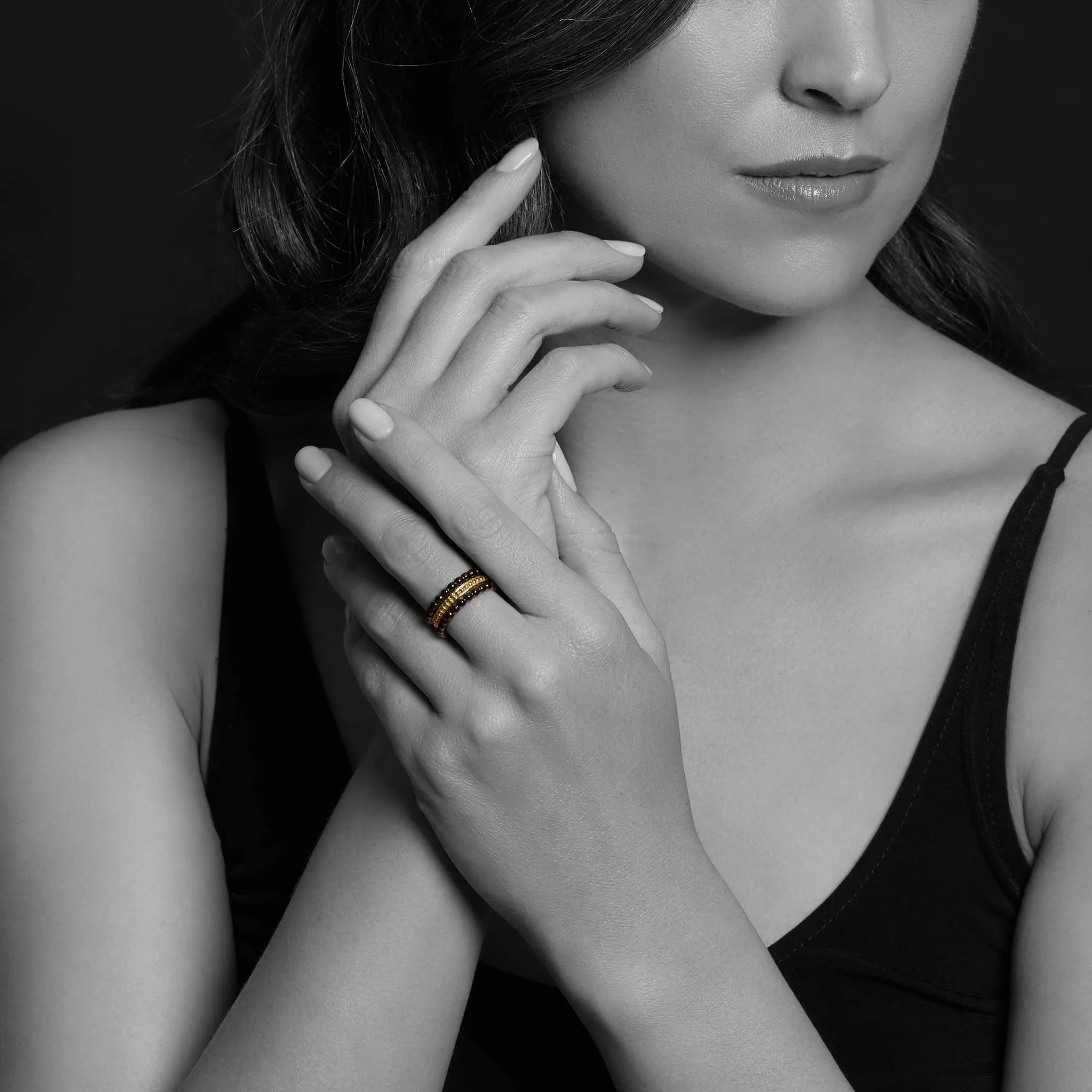 Black Caviar Gold Band Ceramic Stacking Ring Set