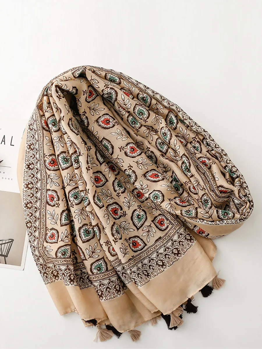 Bohemian Leaf Print Tassel Travel Shawl Scarf CV1021