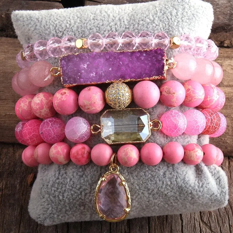 Charms 5pc Bracelet Set Fashion Designer Amethyst Stone