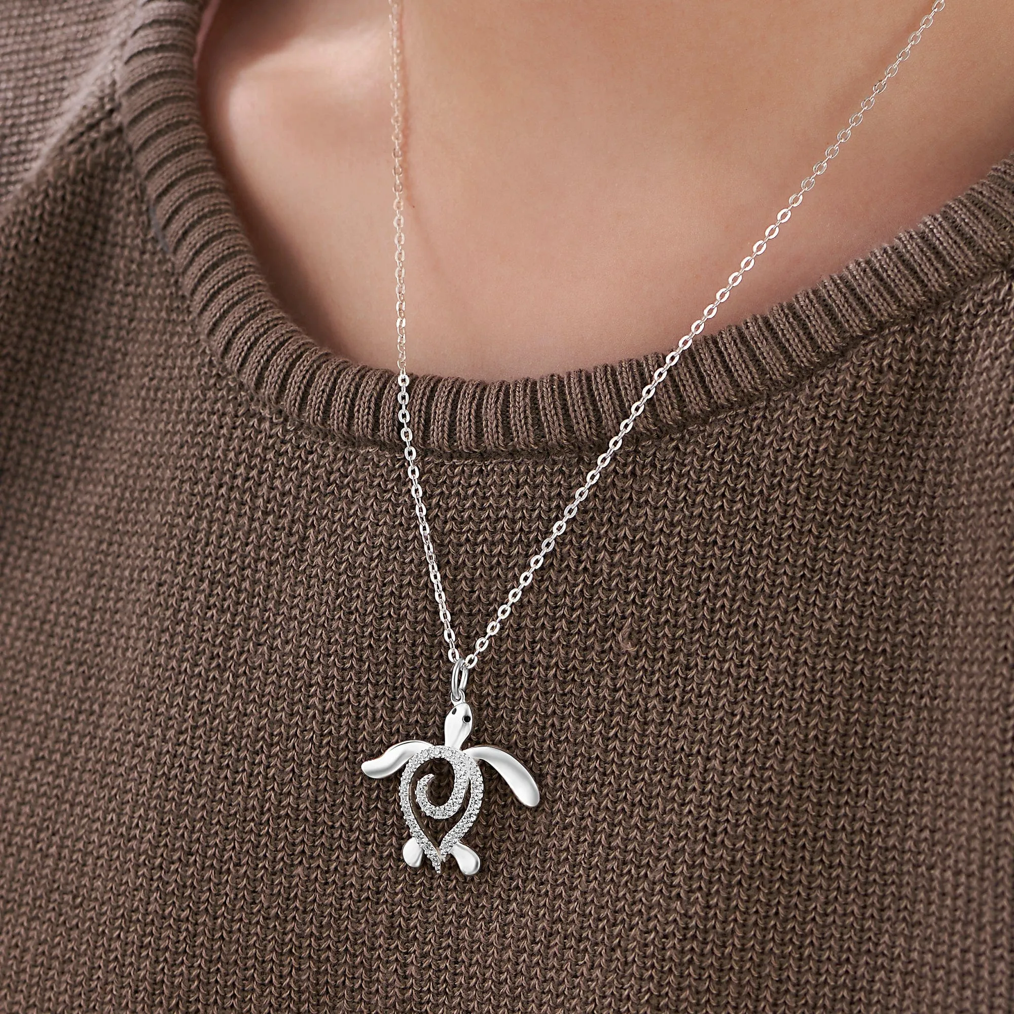 CZ Spiral Shell Turtle Sterling Silver Pendant