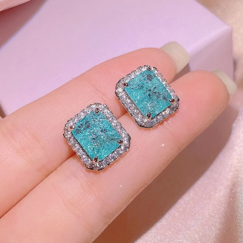 Exquisite Square Paraiba Ring Stud Necklace Set For Women