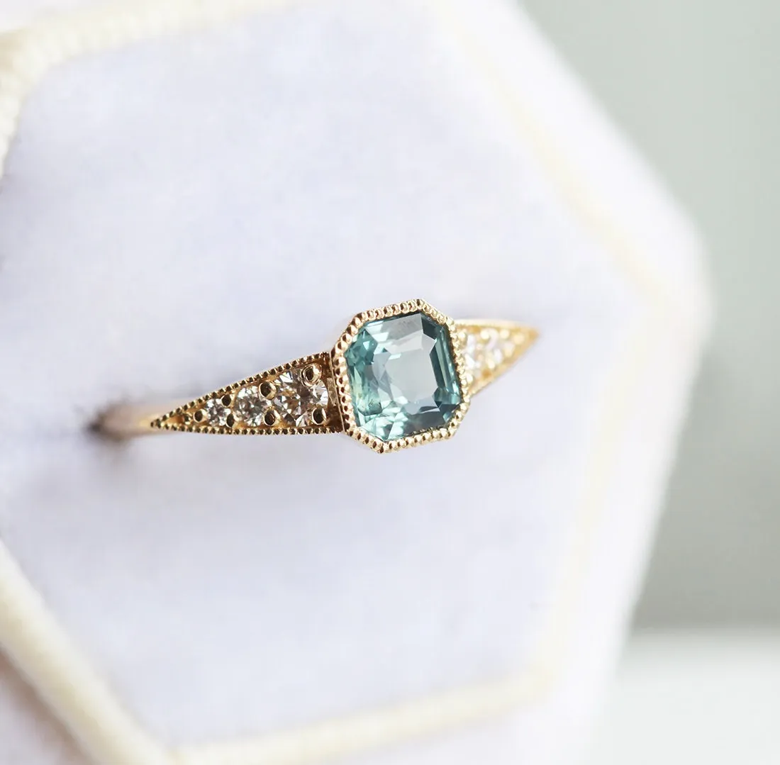 Ezra Art Deco Greenish Blue Sapphire Diamond Ring