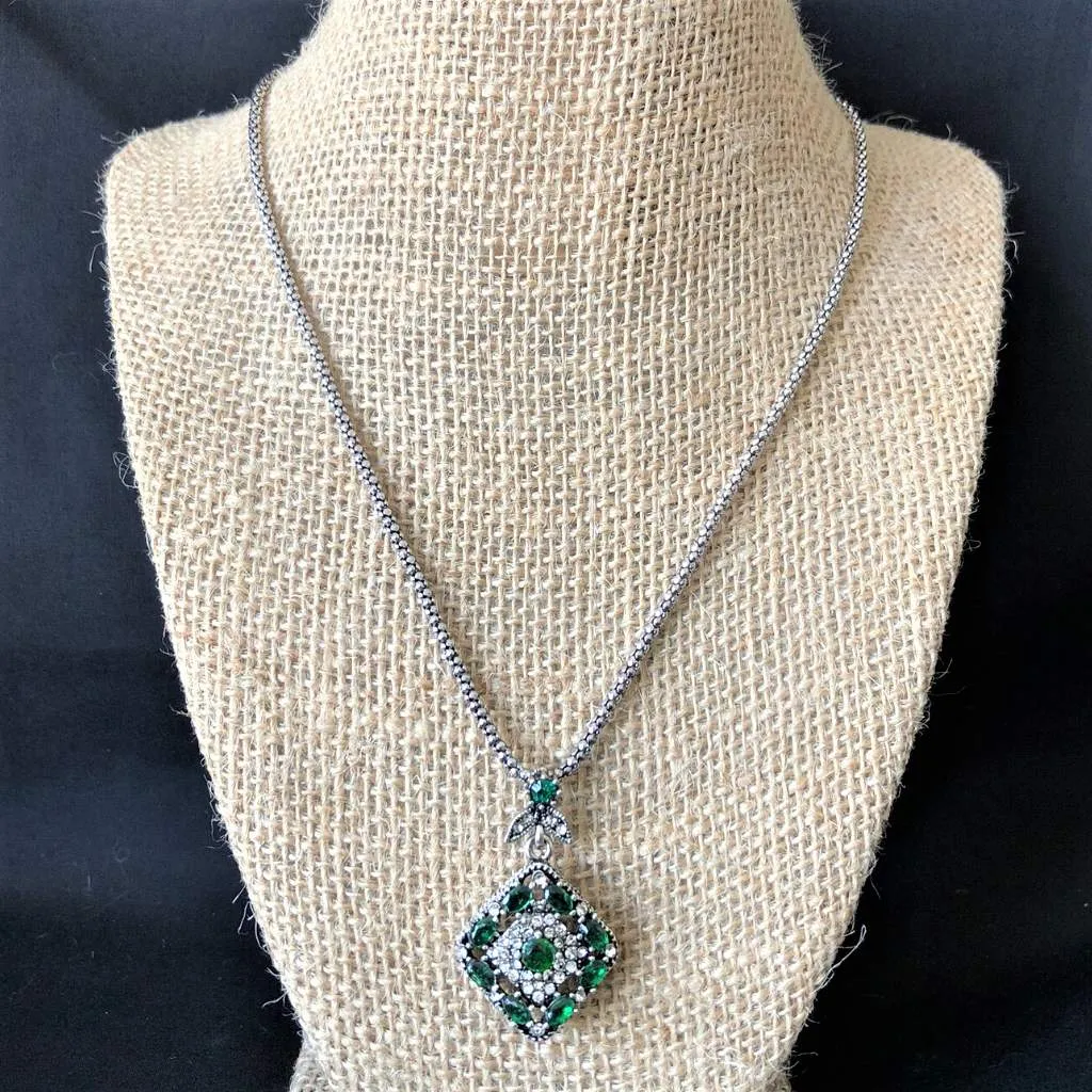 Green Diamond Antique Silver Pendant