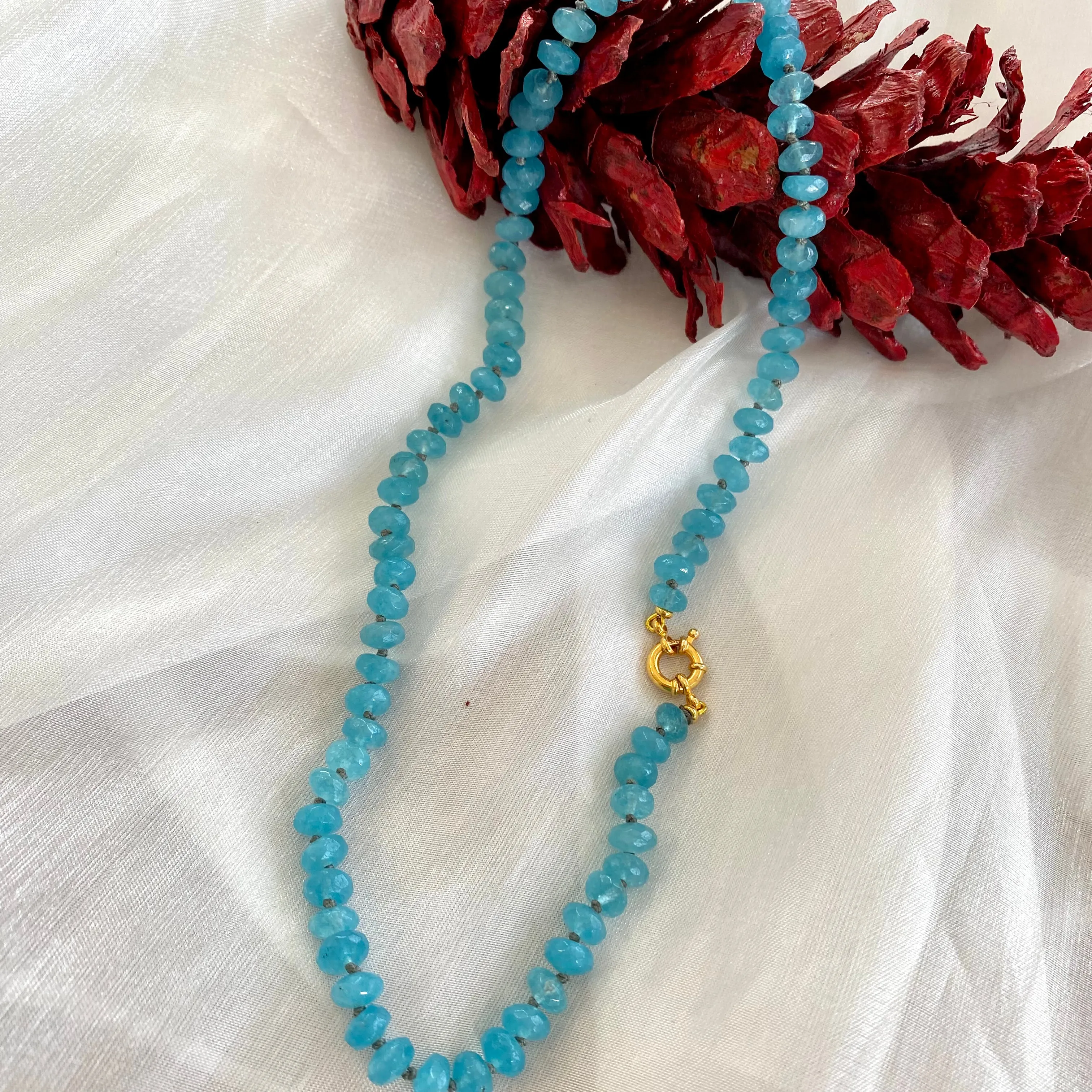 Hand Knotted Enhanced Aquamarine Candy Necklace, 19in, Gold Vermeil, March Birthstone