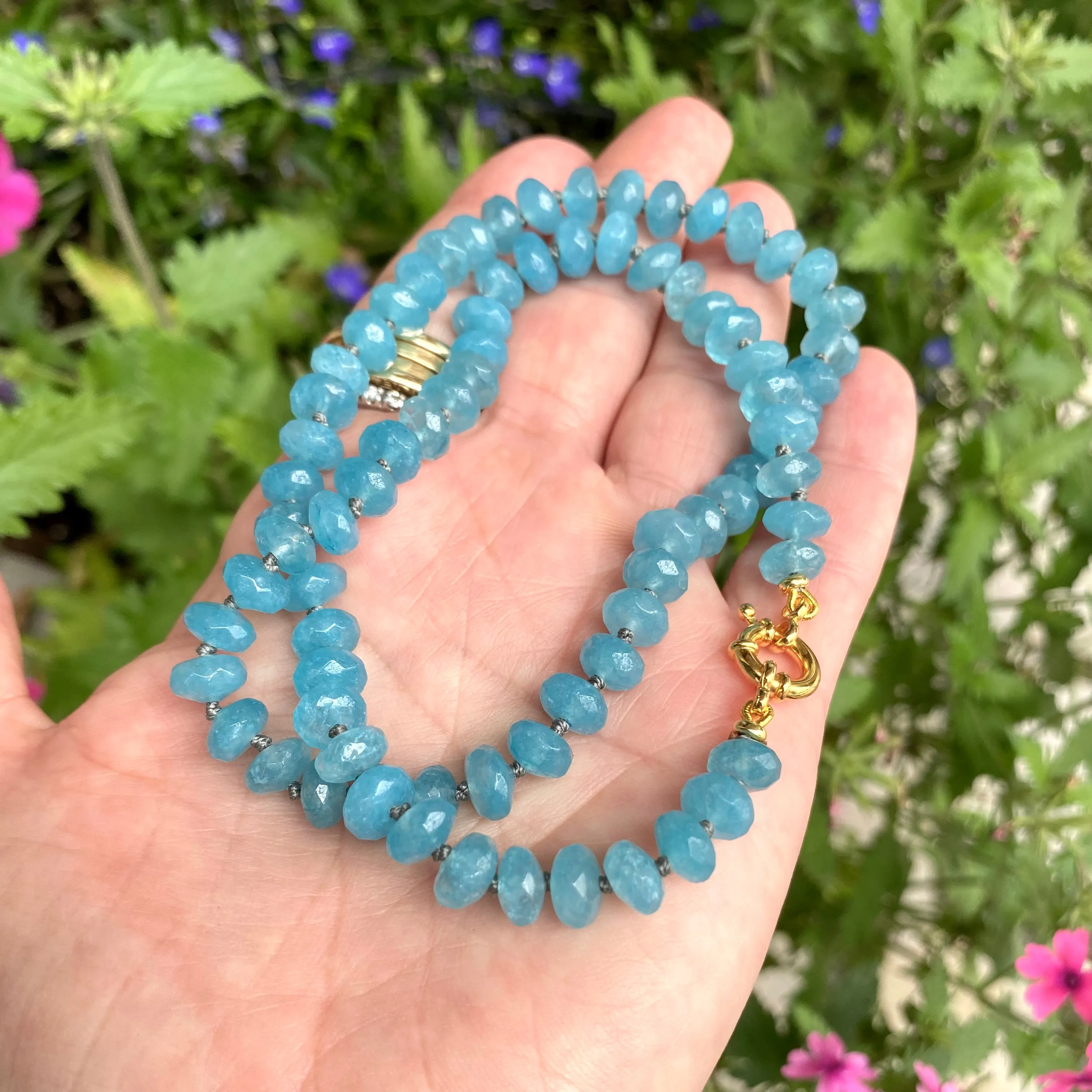 Hand Knotted Enhanced Aquamarine Candy Necklace, 19in, Gold Vermeil, March Birthstone