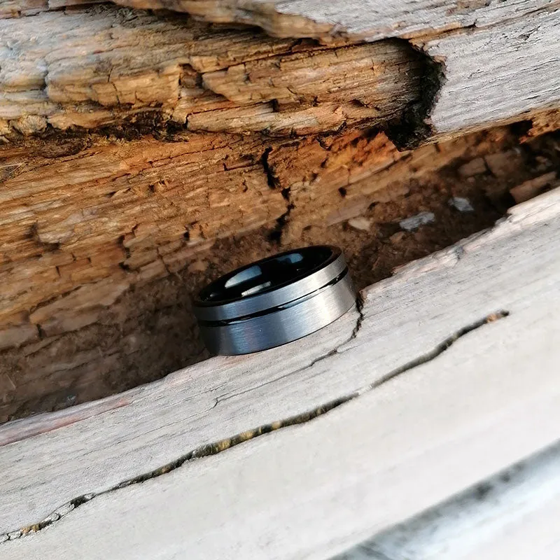 His & Her 6mm/8mm Brushed Matte Grey With Black Groove Tungsten Carbide Rings Set