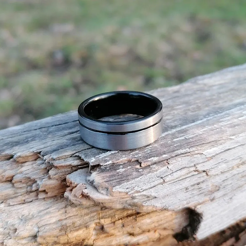 His & Her 6mm/8mm Brushed Matte Grey With Black Groove Tungsten Carbide Rings Set