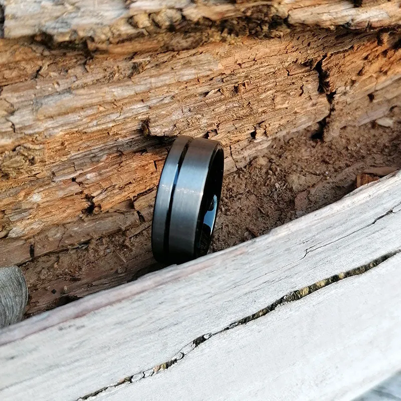 His & Her 6mm/8mm Brushed Matte Grey With Black Groove Tungsten Carbide Rings Set