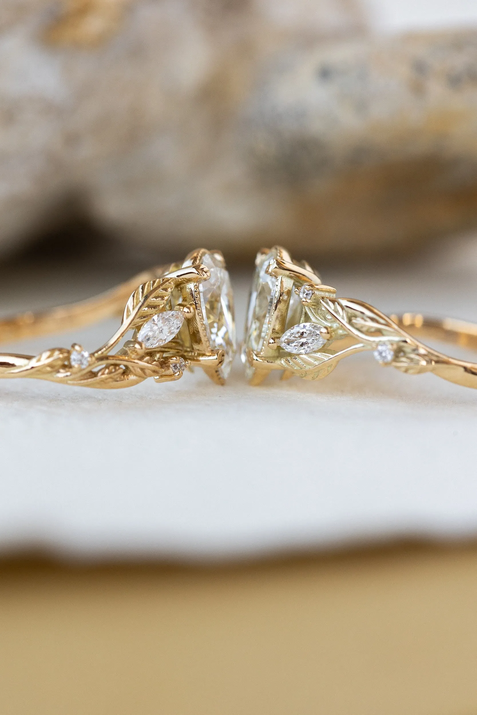Lab grown diamond engagement ring, gold nature inspired ring with leaves and diamonds / Patricia