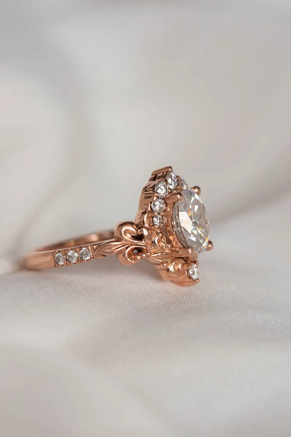 Lab grown diamond engagement ring, nature inspired gold ring with diamond halo / Sophie