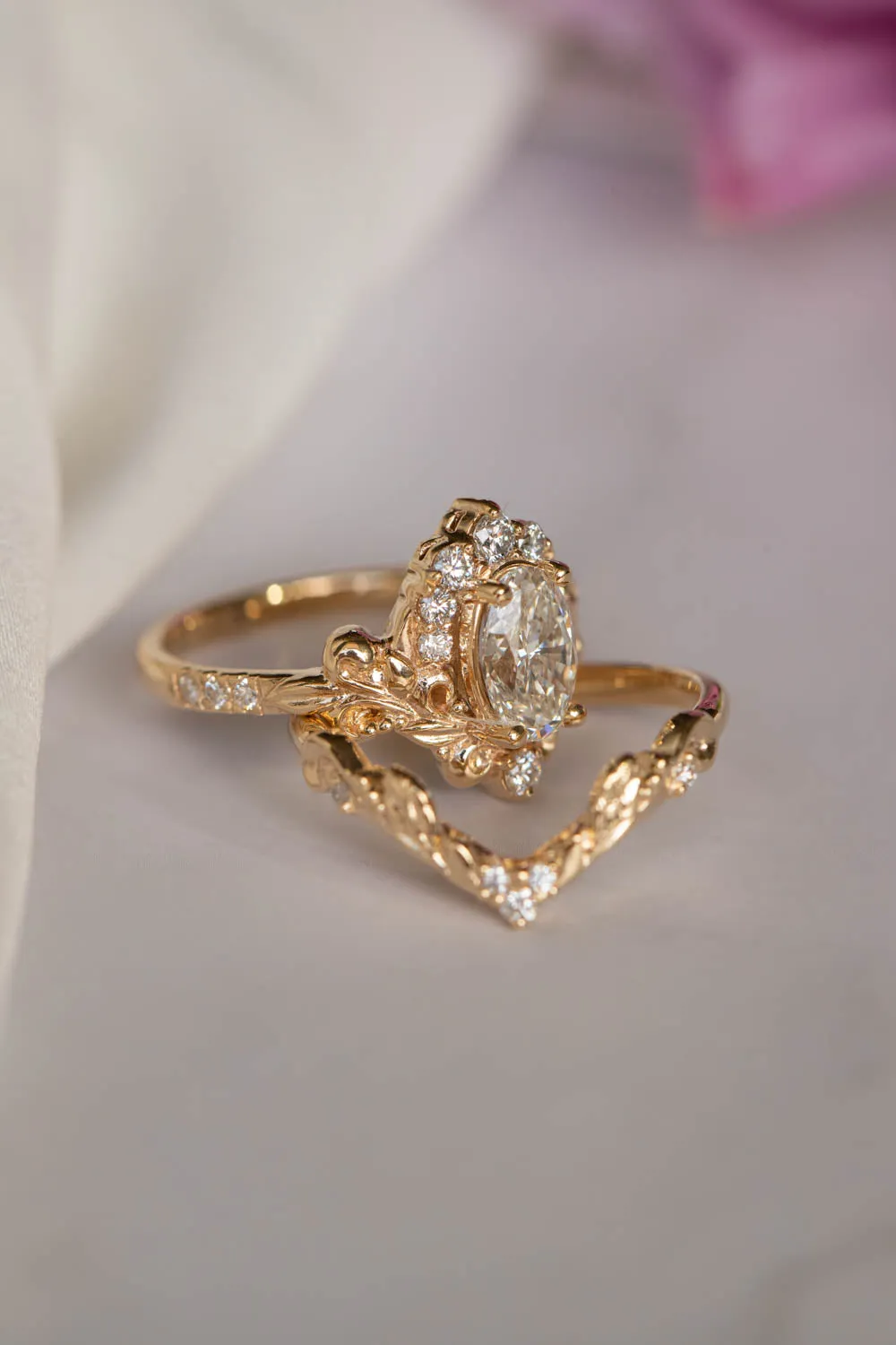 Lab grown diamond engagement ring, nature inspired gold ring with diamond halo / Sophie