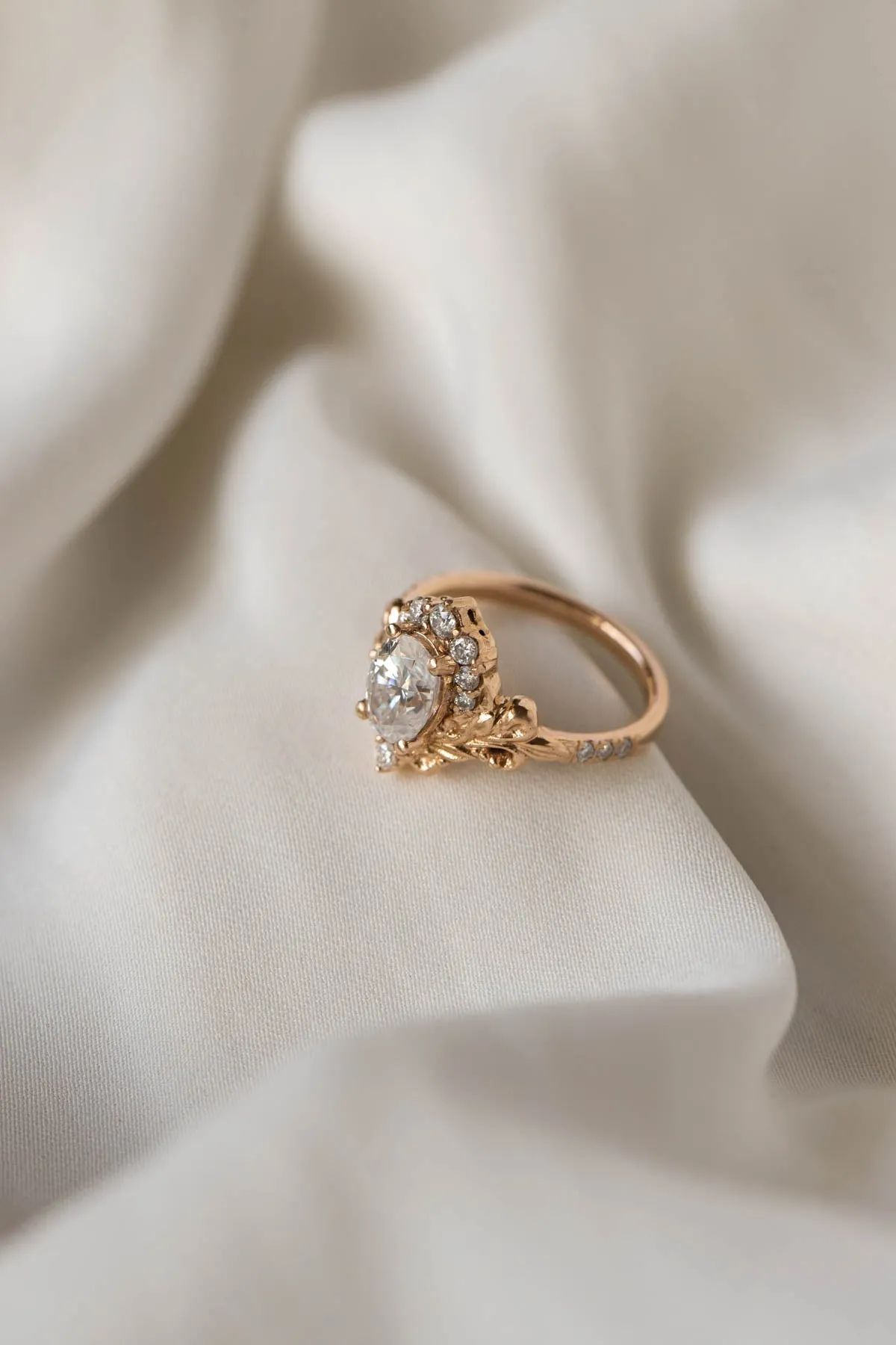 Lab grown diamond engagement ring, nature inspired gold ring with diamond halo / Sophie