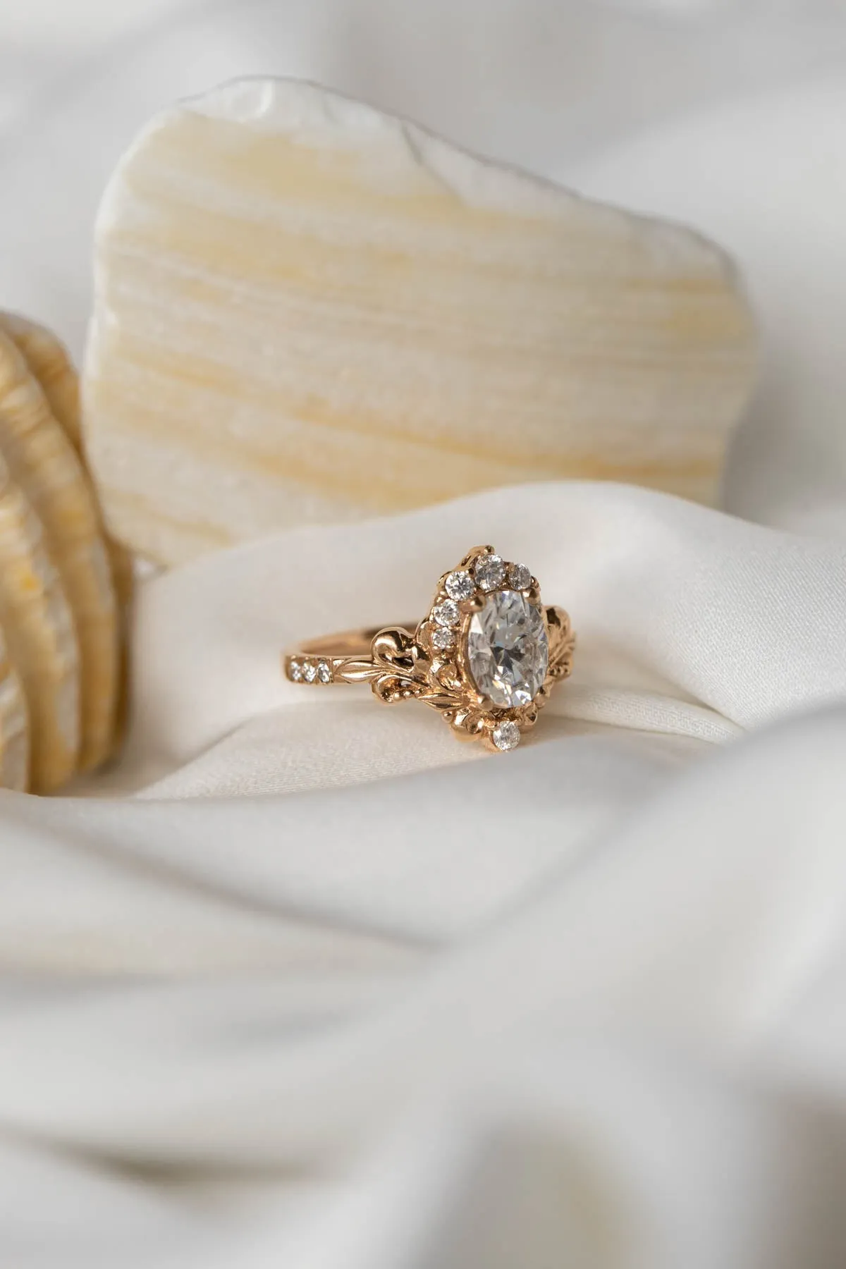Lab grown diamond engagement ring, nature inspired gold ring with diamond halo / Sophie
