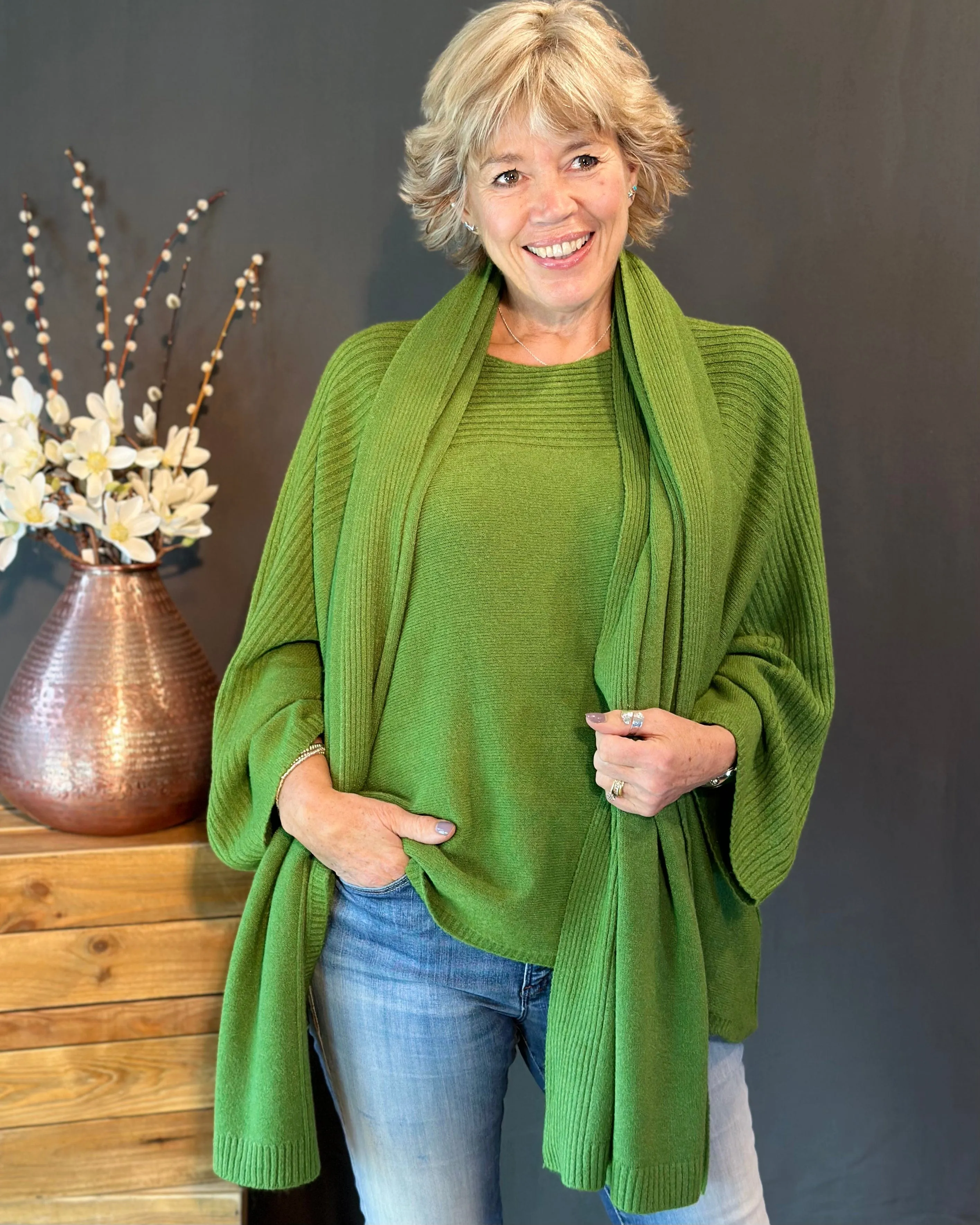 Long Ribbed Knitted Scarf - Fir Green