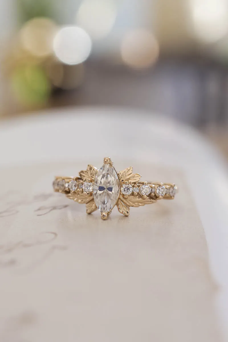 Marquise moissanite engagement ring, gold leaf ring / Verbena