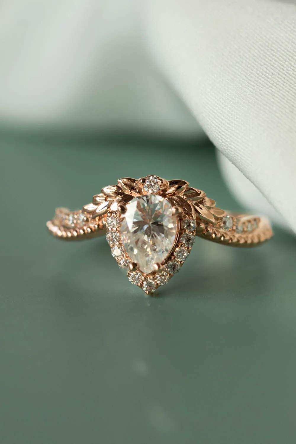 Moissanite leaf engagement ring, antique style rose gold ring with diamonds / Lyonella