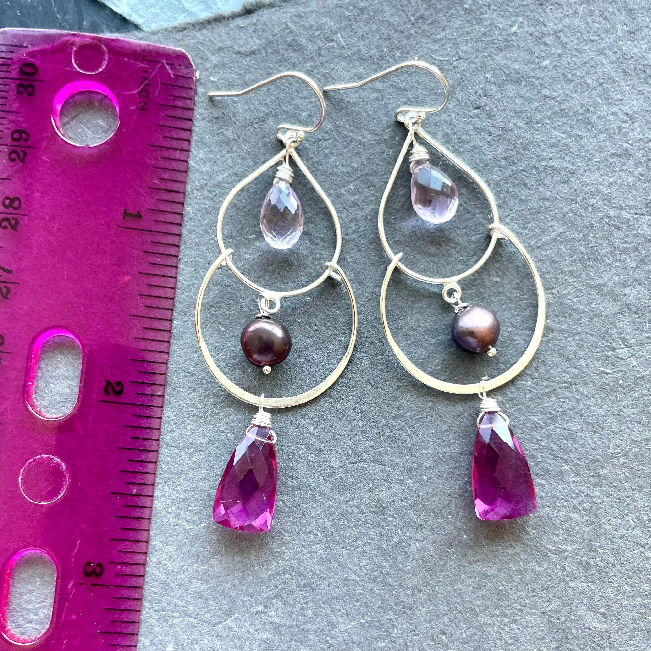 Pearly Magenta Trillion Double Hoop Earrings
