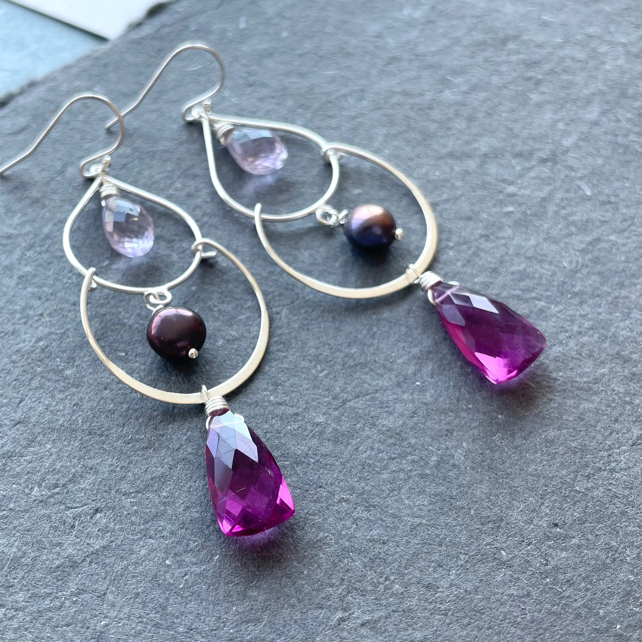 Pearly Magenta Trillion Double Hoop Earrings