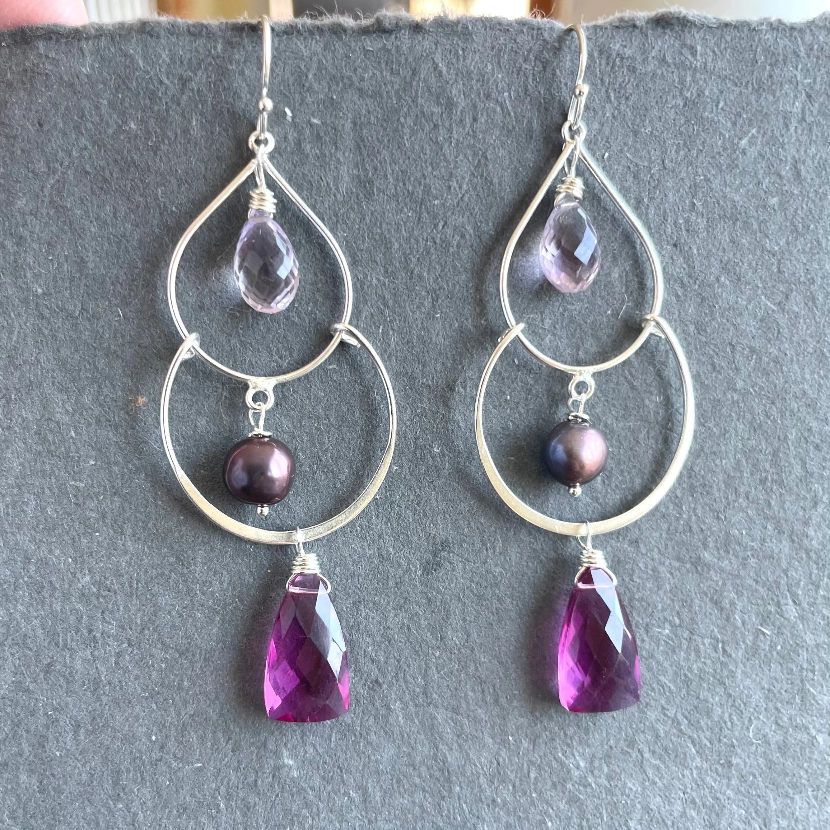 Pearly Magenta Trillion Double Hoop Earrings