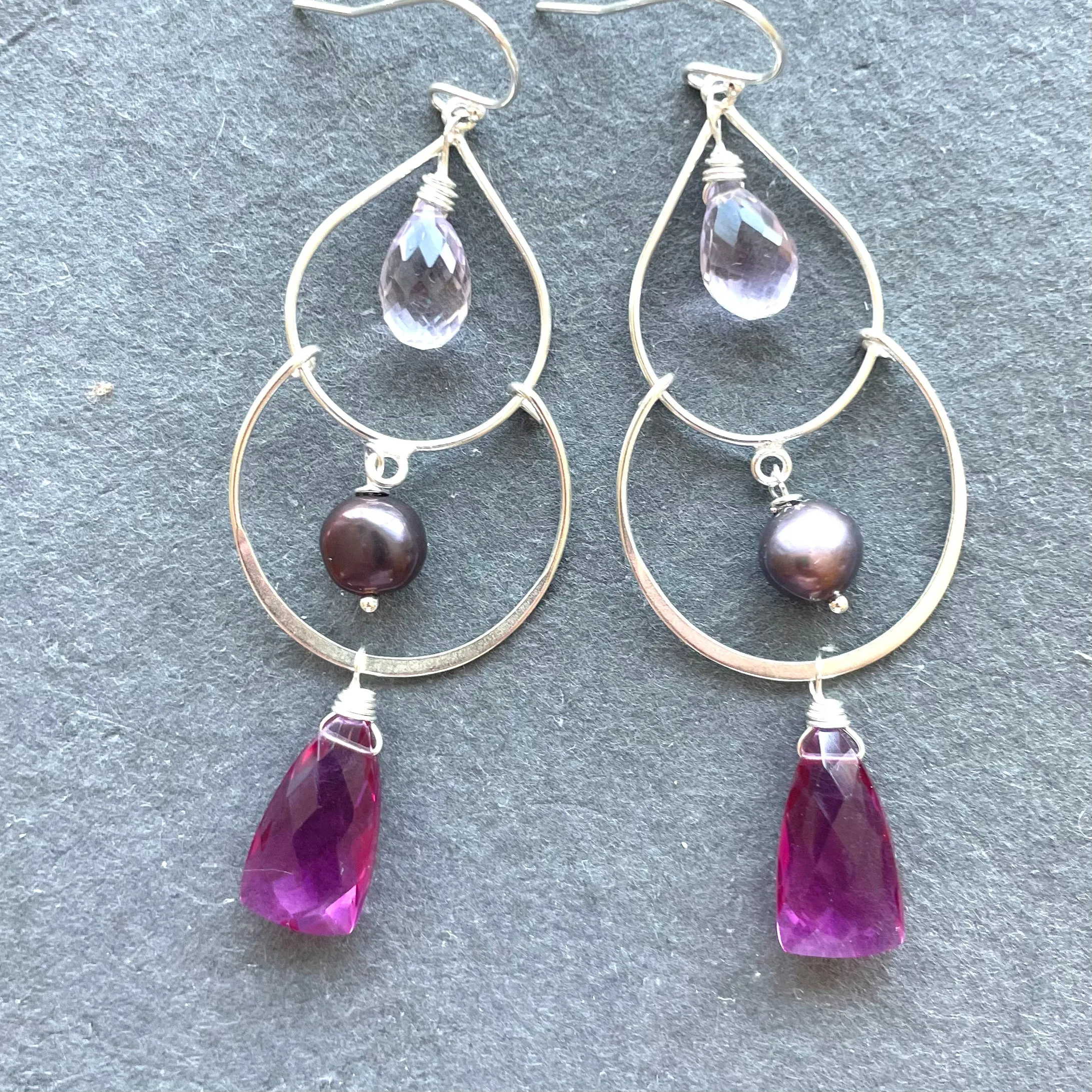 Pearly Magenta Trillion Double Hoop Earrings