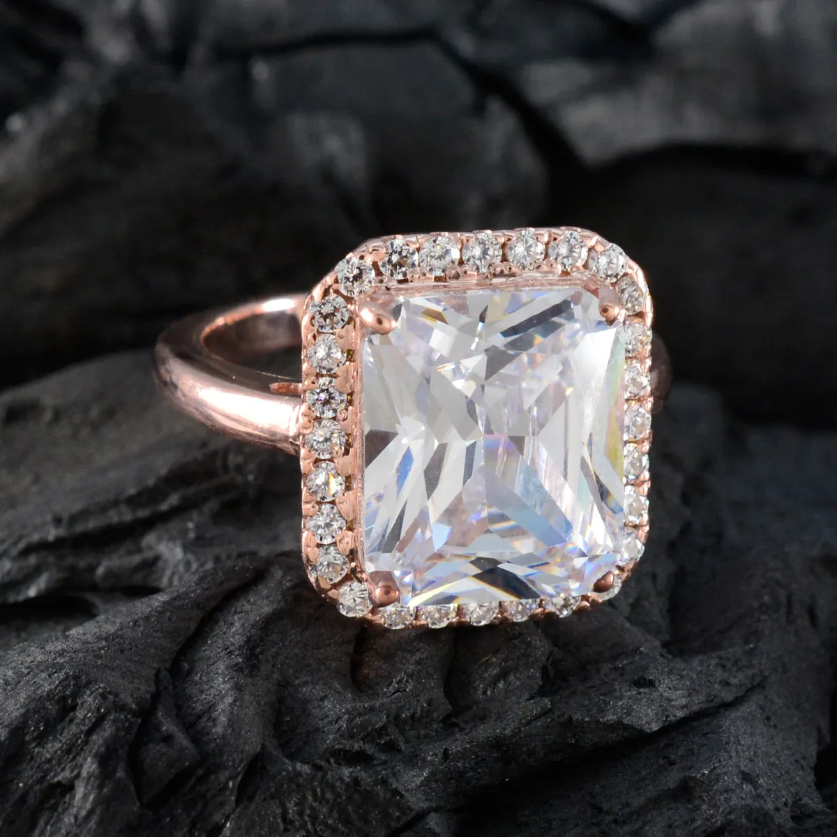 Riyo Antique Silver Ring With Rose Gold Plating White CZ Stone Octagon Shape Prong Setting Custom Jewelry Thanksgiving Ring