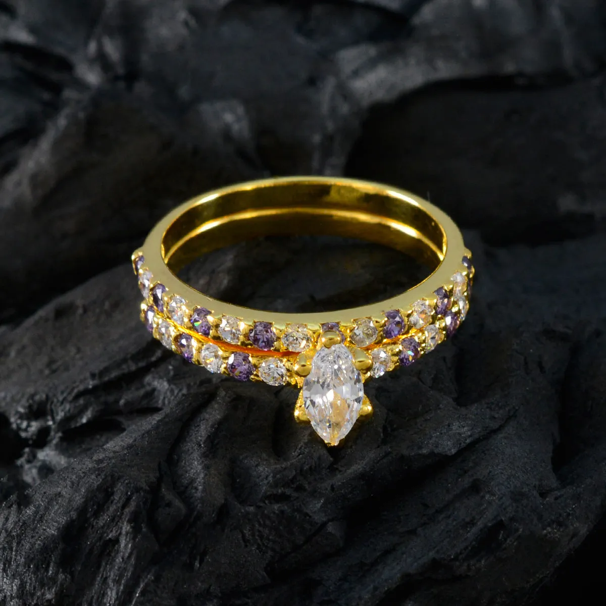 Riyo Attractive Silver Ring With Yellow Gold Plating Amethyst Stone Marquise Shape Prong Setting Designer Jewelry Black Friday Ring