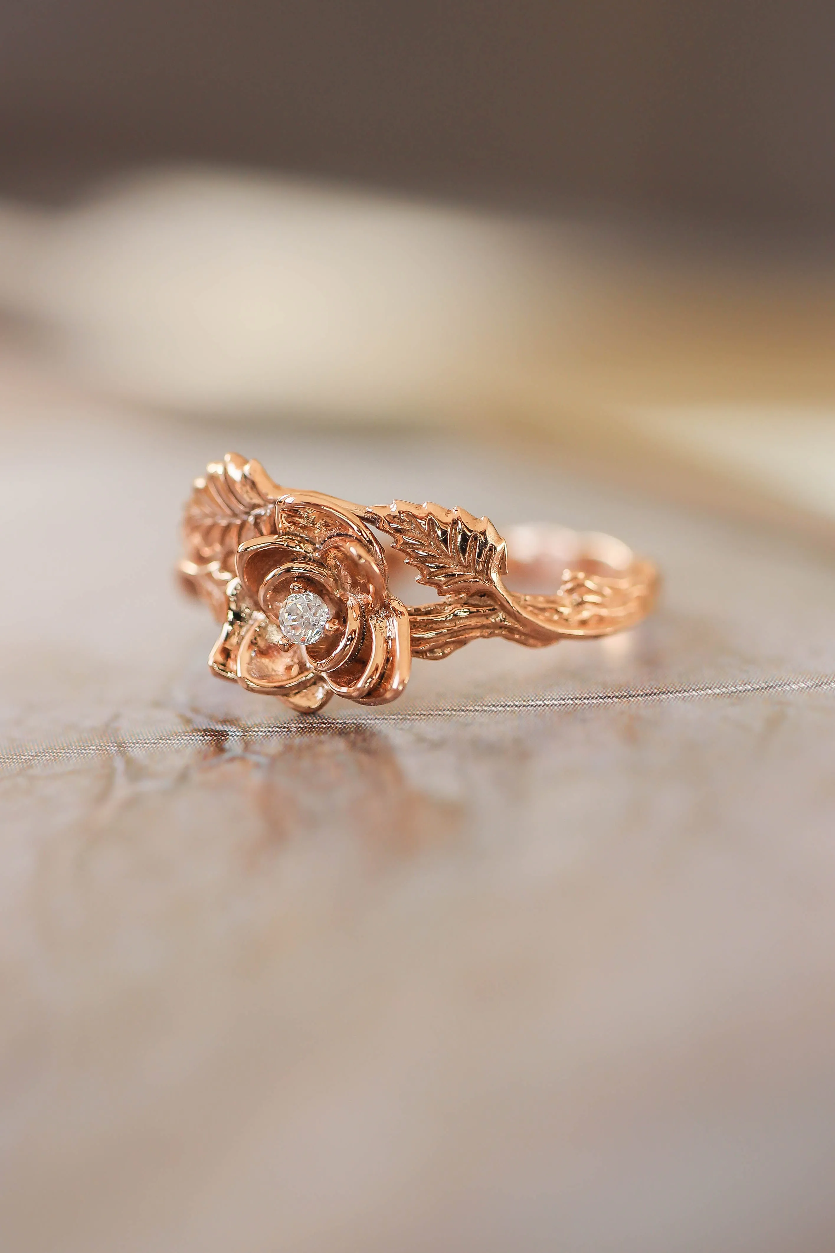 Rose flower ring, diamond engagement ring / Blooming Rose