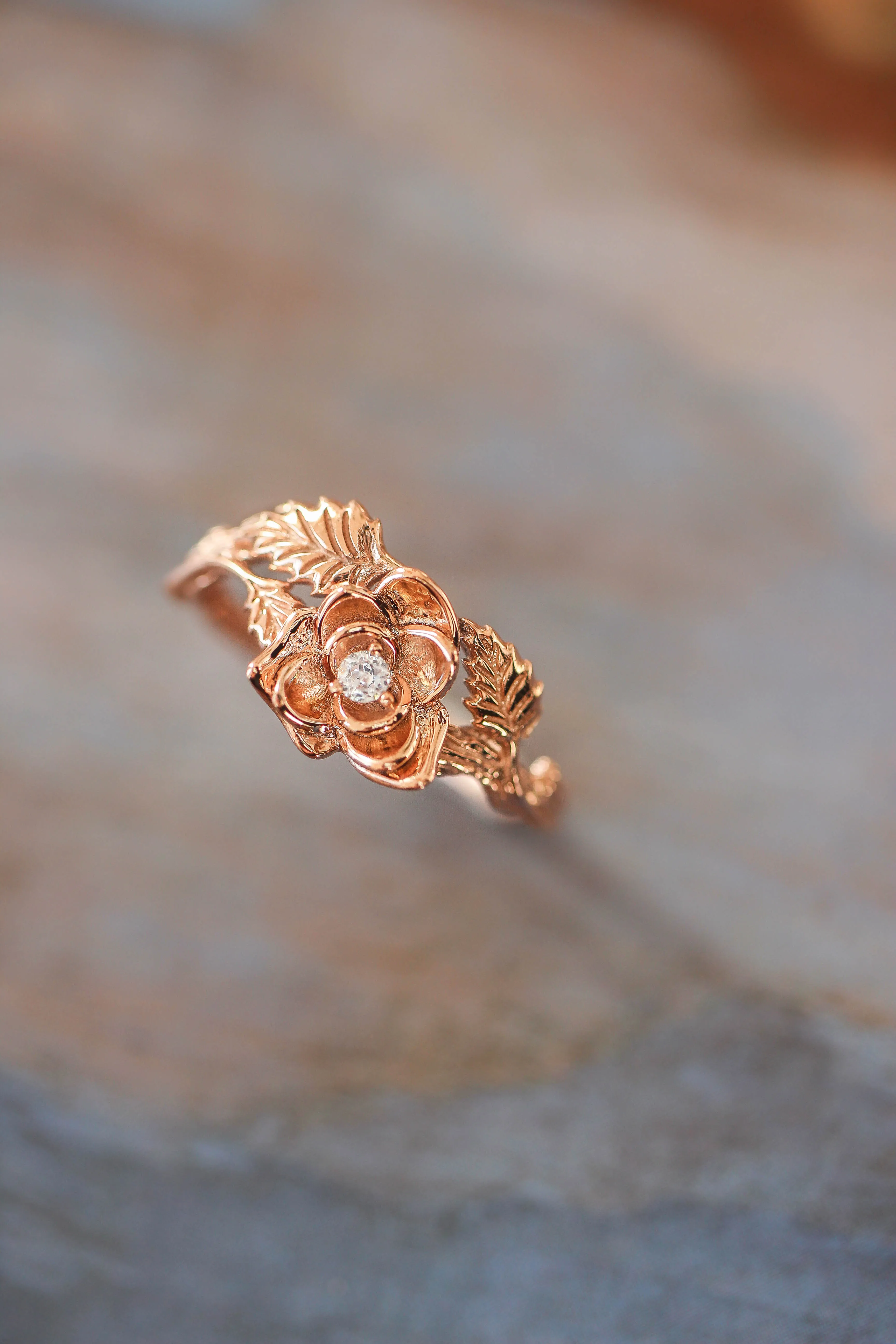 Rose flower ring, diamond engagement ring / Blooming Rose