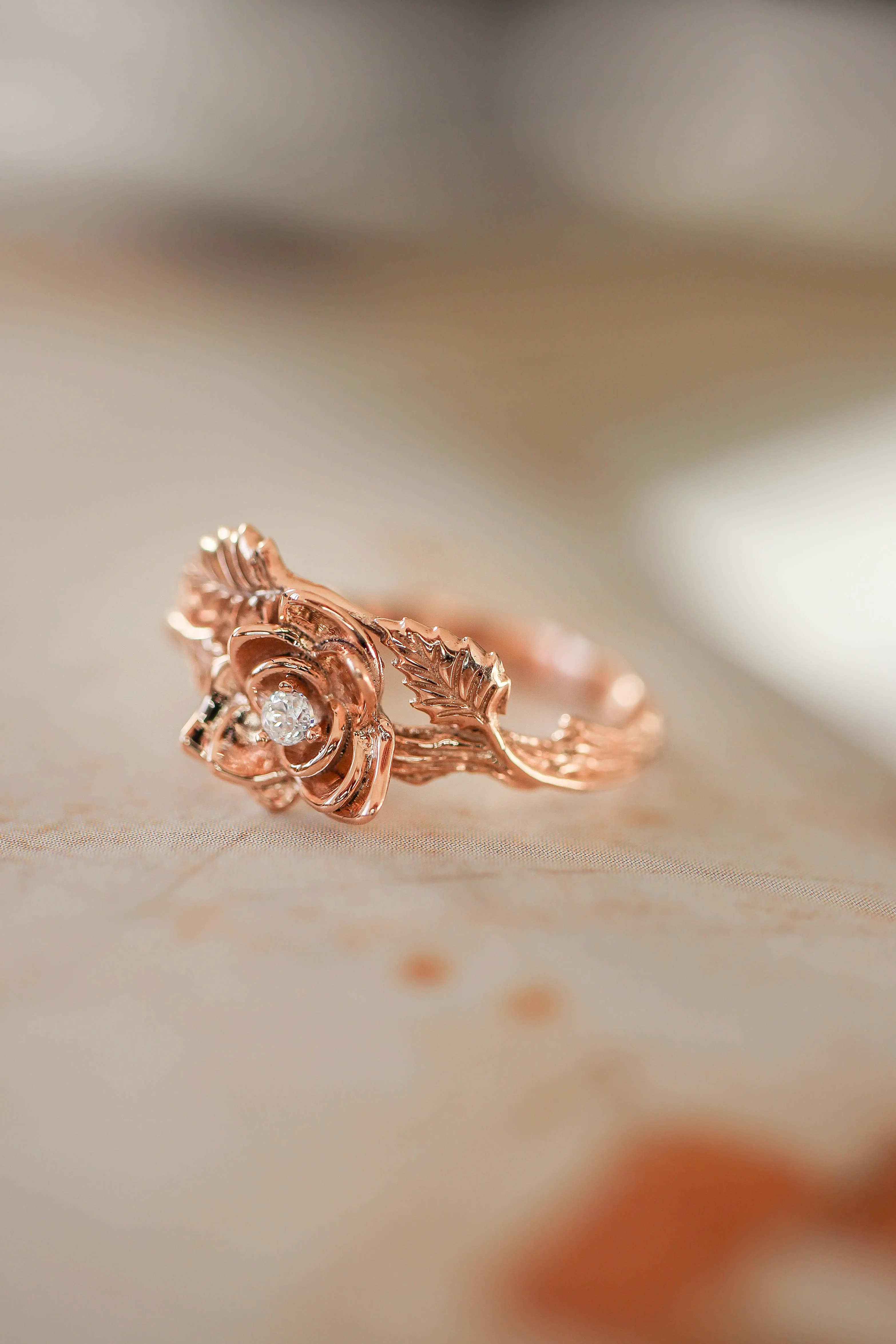 Rose flower ring, diamond engagement ring / Blooming Rose