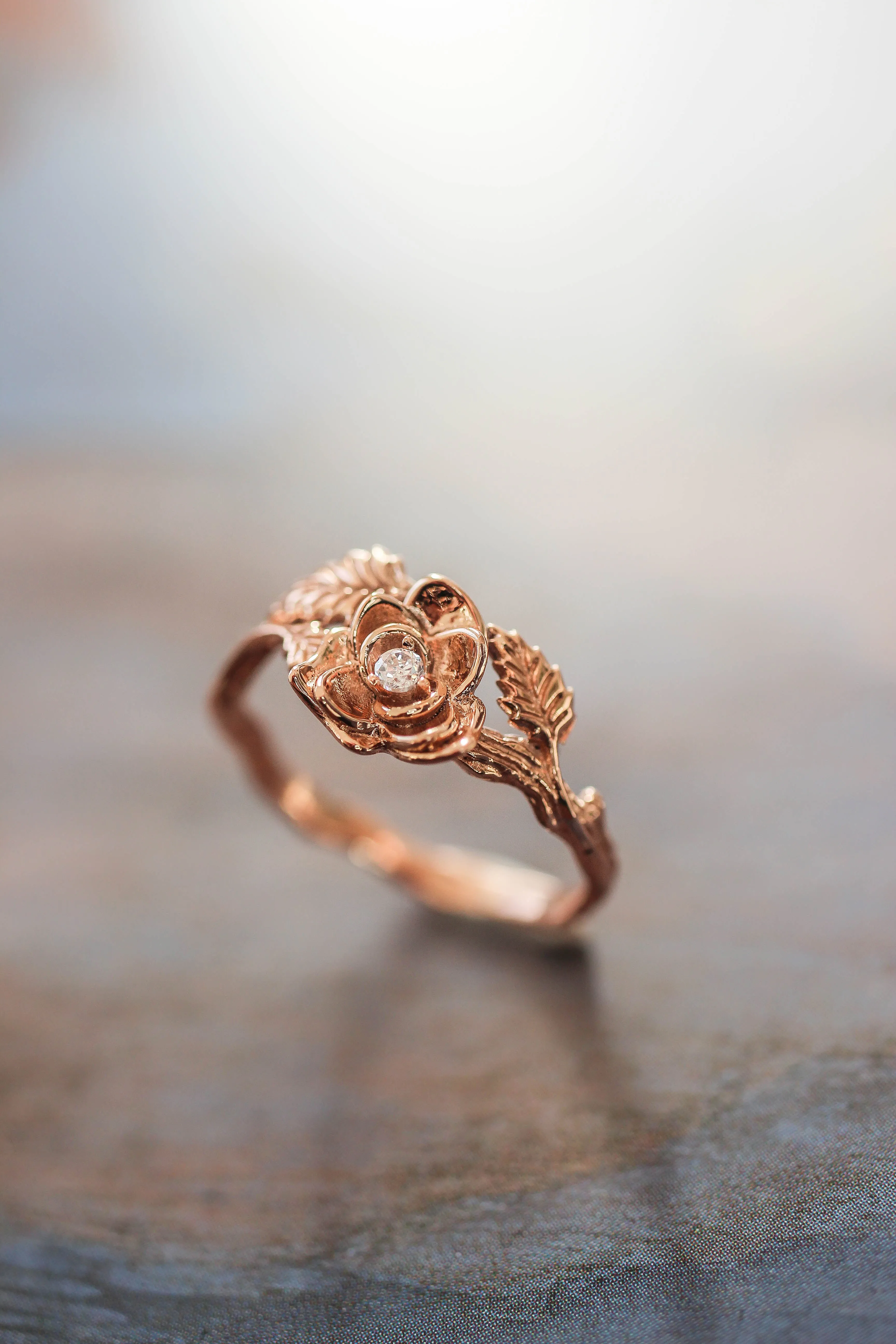 Rose flower ring, diamond engagement ring / Blooming Rose