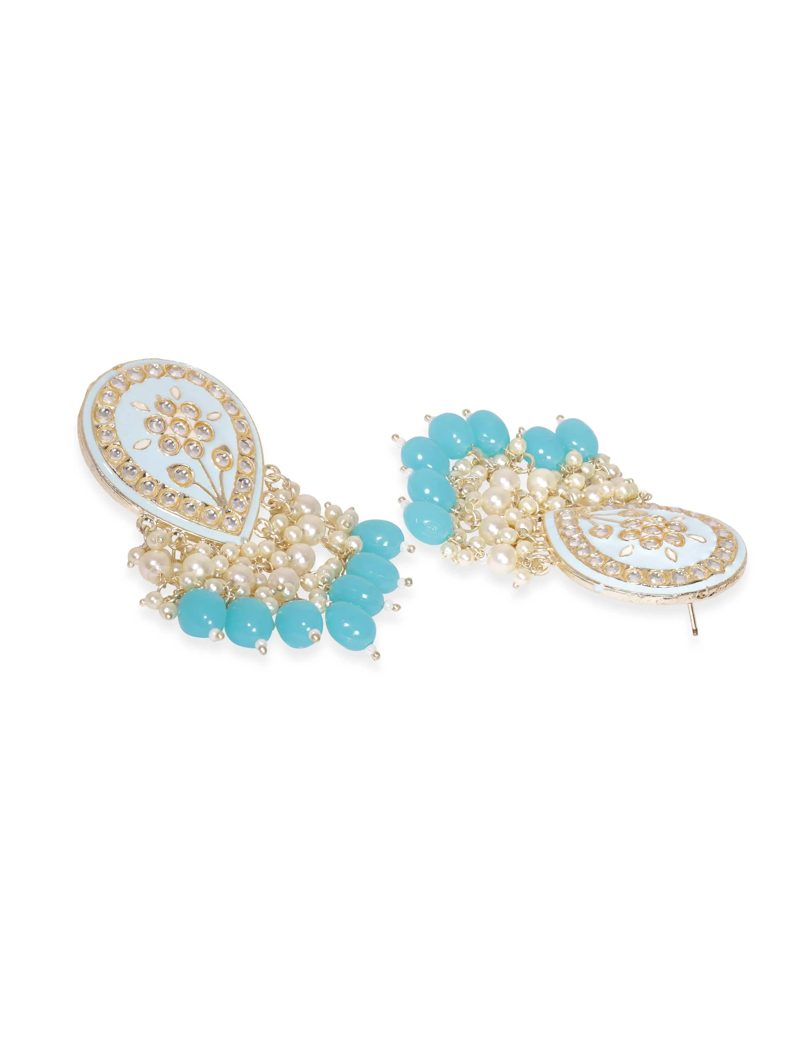 Rubans Gold toned Blue enamel Kundan studded pearl dangle Earrings