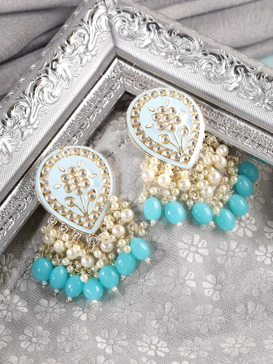 Rubans Gold toned Blue enamel Kundan studded pearl dangle Earrings