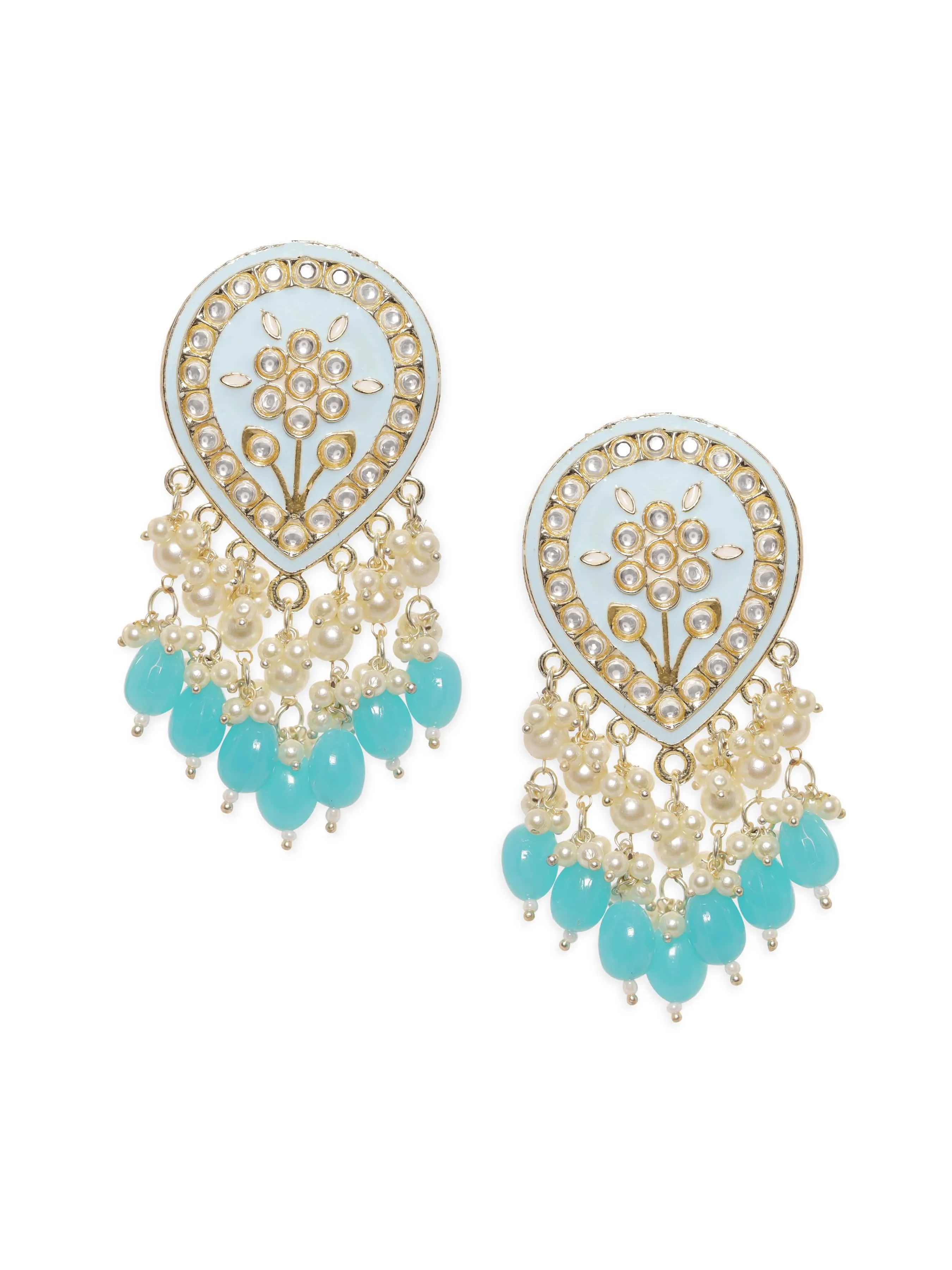 Rubans Gold toned Blue enamel Kundan studded pearl dangle Earrings