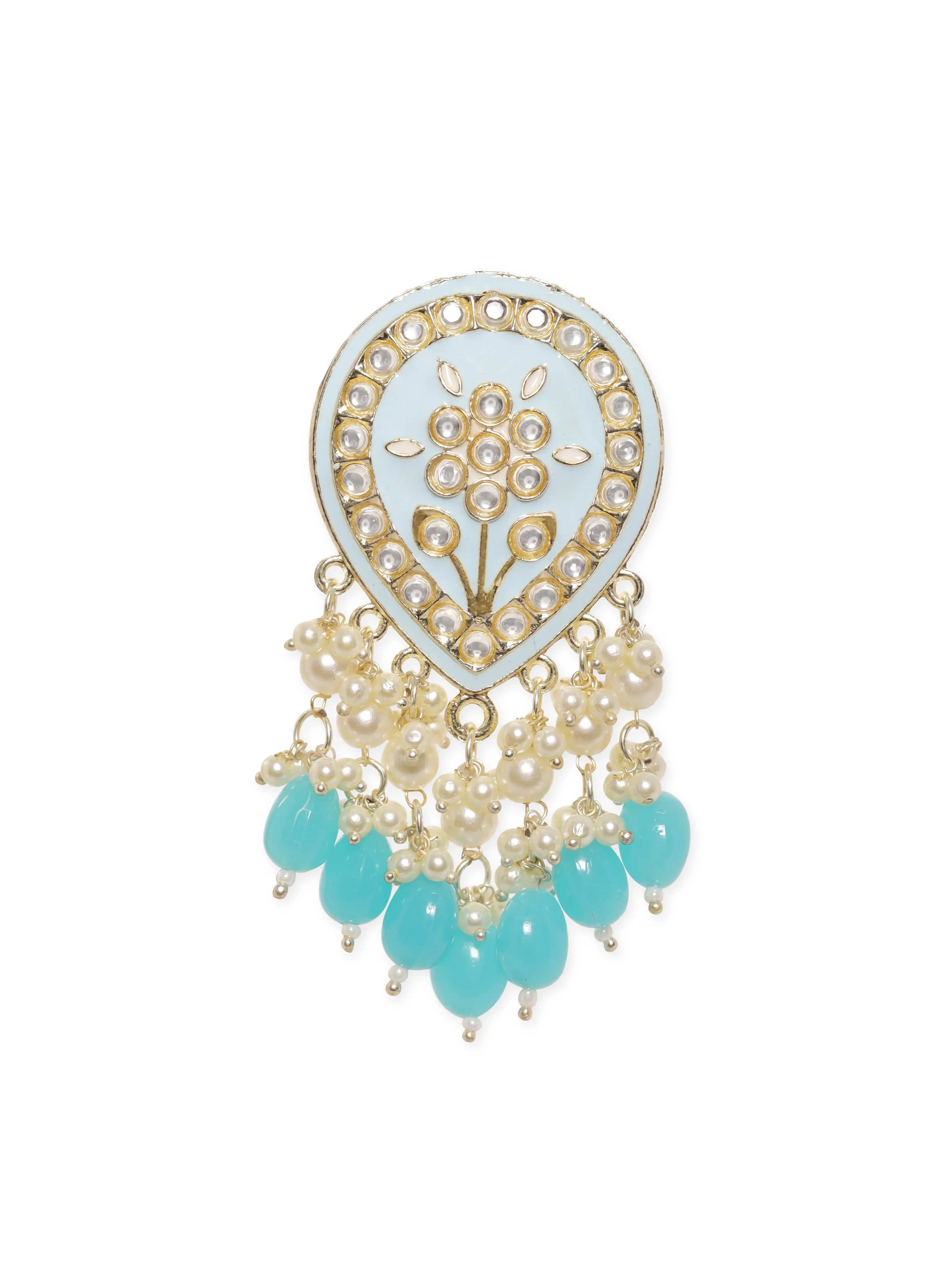Rubans Gold toned Blue enamel Kundan studded pearl dangle Earrings