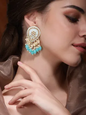 Rubans Gold toned Blue enamel Kundan studded pearl dangle Earrings