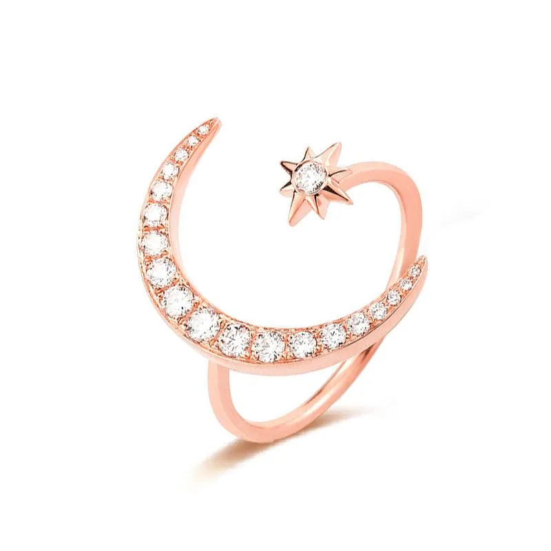 Sterling Silver Crescent Moon and Star Ring Adjustable Moon Ring