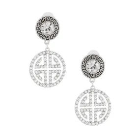 Two-Tone Greek Key Medallion Earrings Silver