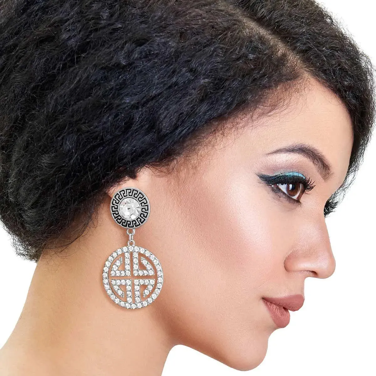 Two-Tone Greek Key Medallion Earrings Silver