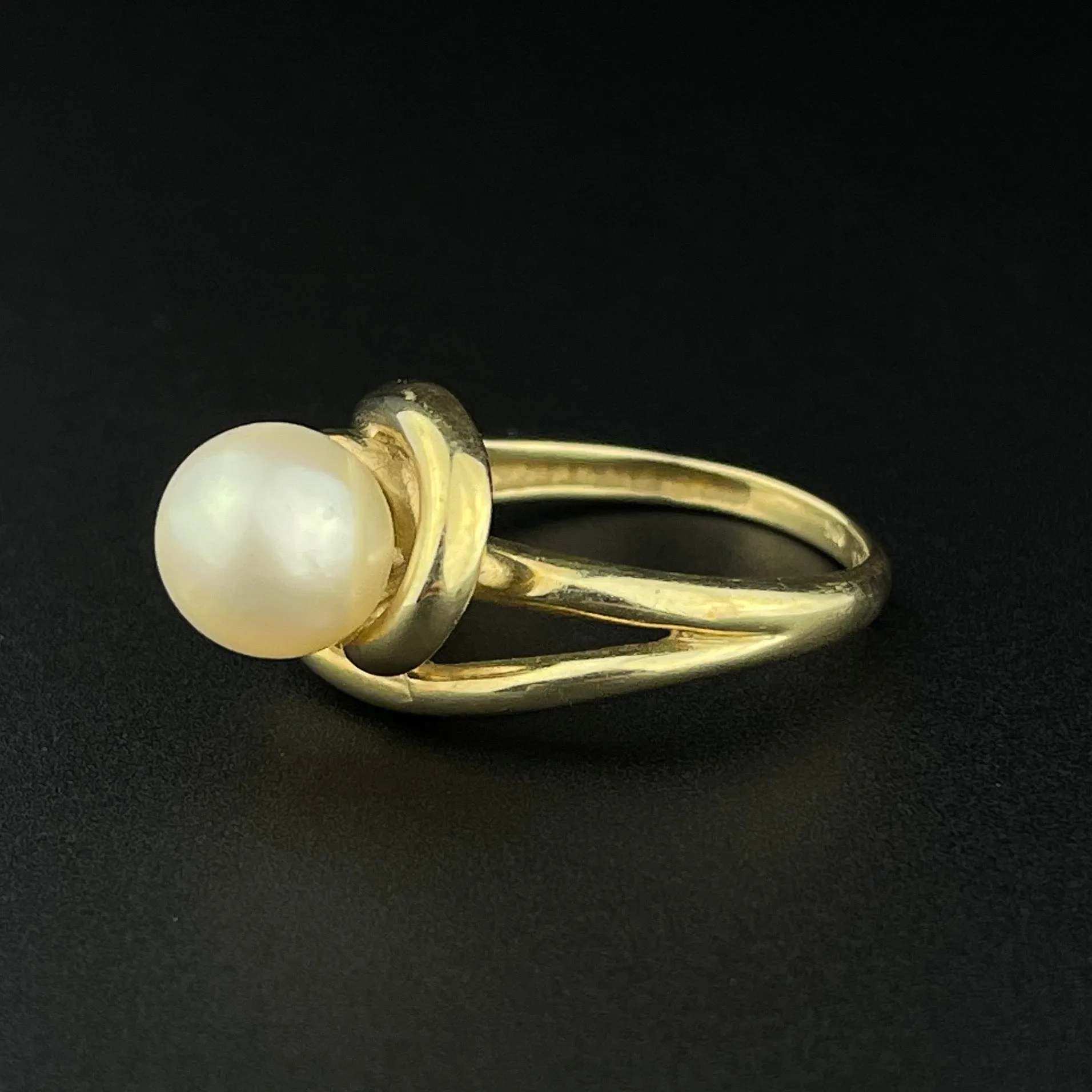 Vintage 10K Gold Love Knot Pearl Solitaire Retro Engagement Ring, Sz 5 1/2