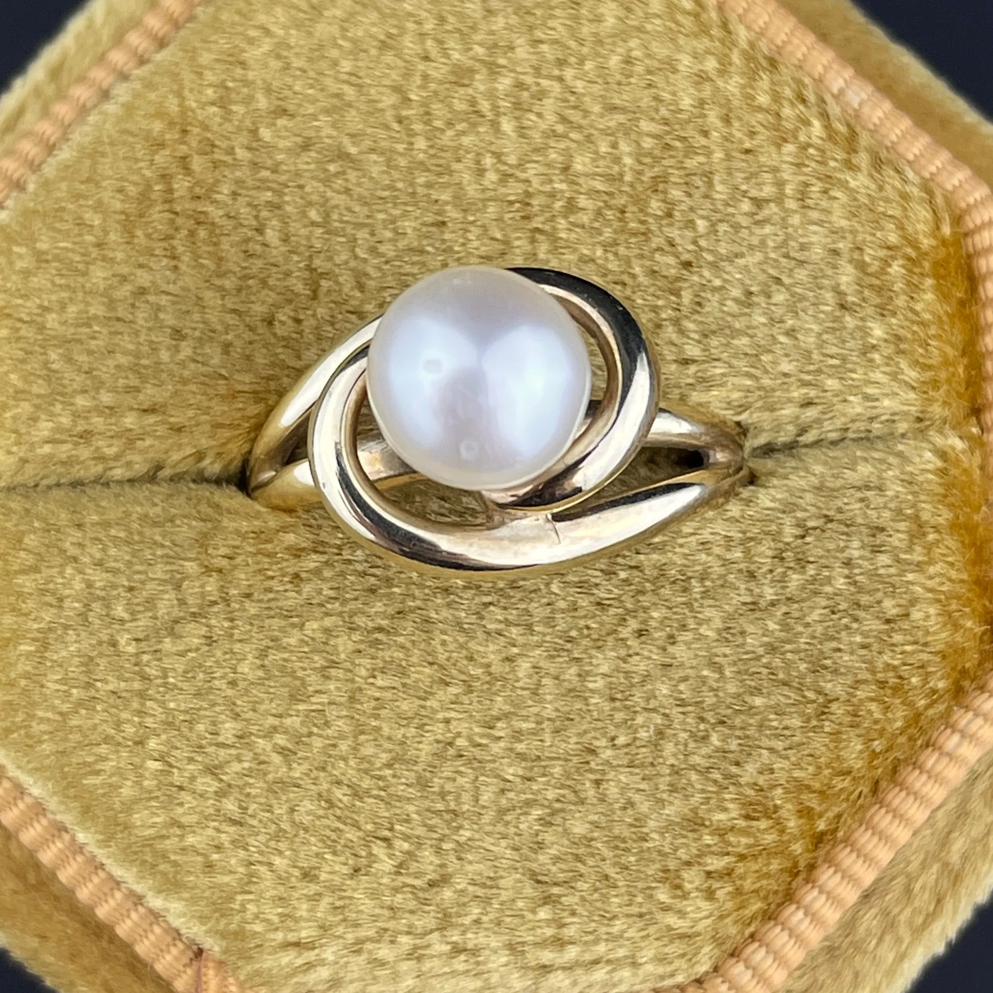 Vintage 10K Gold Love Knot Pearl Solitaire Retro Engagement Ring, Sz 5 1/2