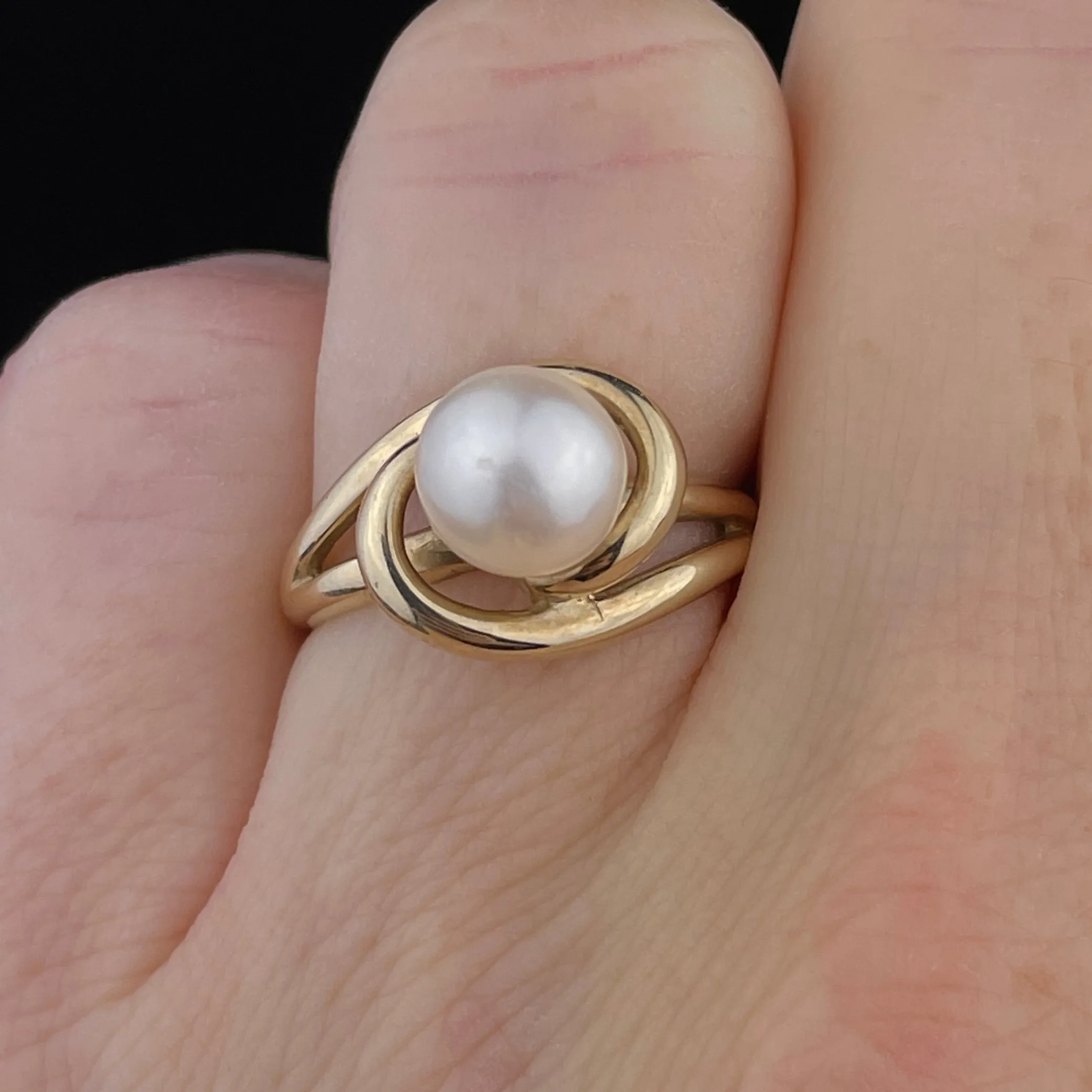 Vintage 10K Gold Love Knot Pearl Solitaire Retro Engagement Ring, Sz 5 1/2